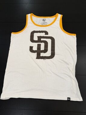47 White Tank Top with Yellow Trim and Brown SD Logo